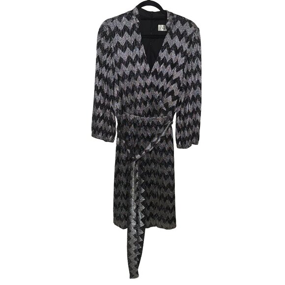 Eliza J.  Black/Silver Metallic Chevron Faux Wrap Dress Sz 14 - Picture 4 of 14
